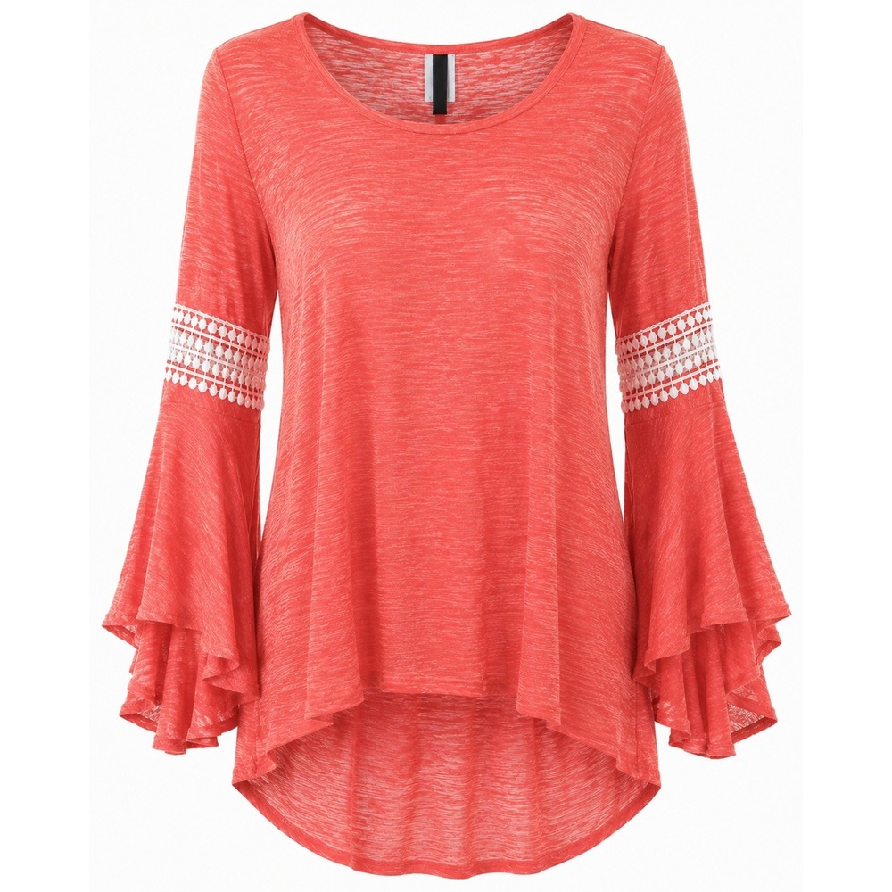 Boho Bell Sleeve Crochet Lace Retro 70s Hippie Festival Coral Tunic Top Small
